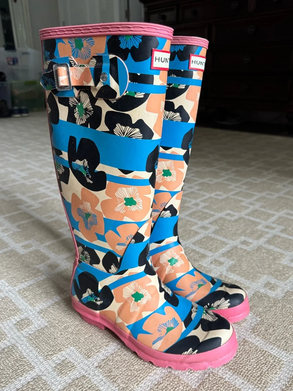 Hunter Original Tall Floral Print Rain Boots Waterproof Pink Blue Women’s US 7